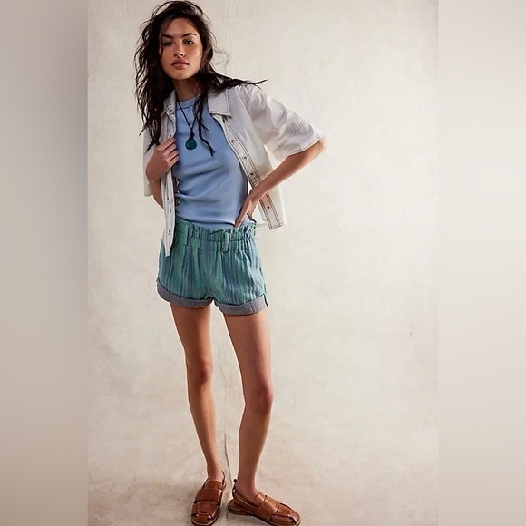 Free People Pants - Free People Solar Flare Baja Stripe Cuff Shorts In Ocean Blue Sz L